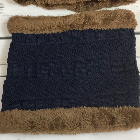 Navy Blue Cable Knit Beanie & Ring Scarf w/ Fleece - Picture 7 of 10